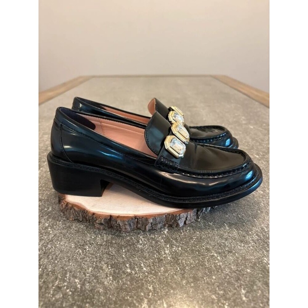 J.Crew Black Crystal Embellished Patent Leather Block Heel Loafers Sz 8